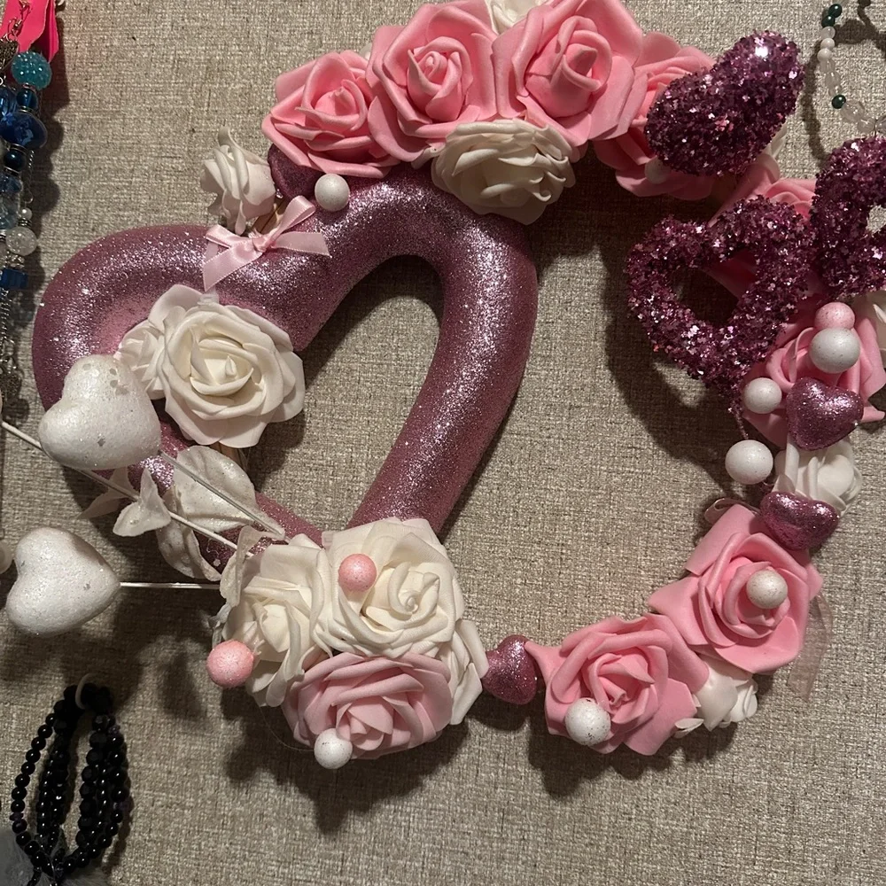 Pink and White Heart Wreath with Roses